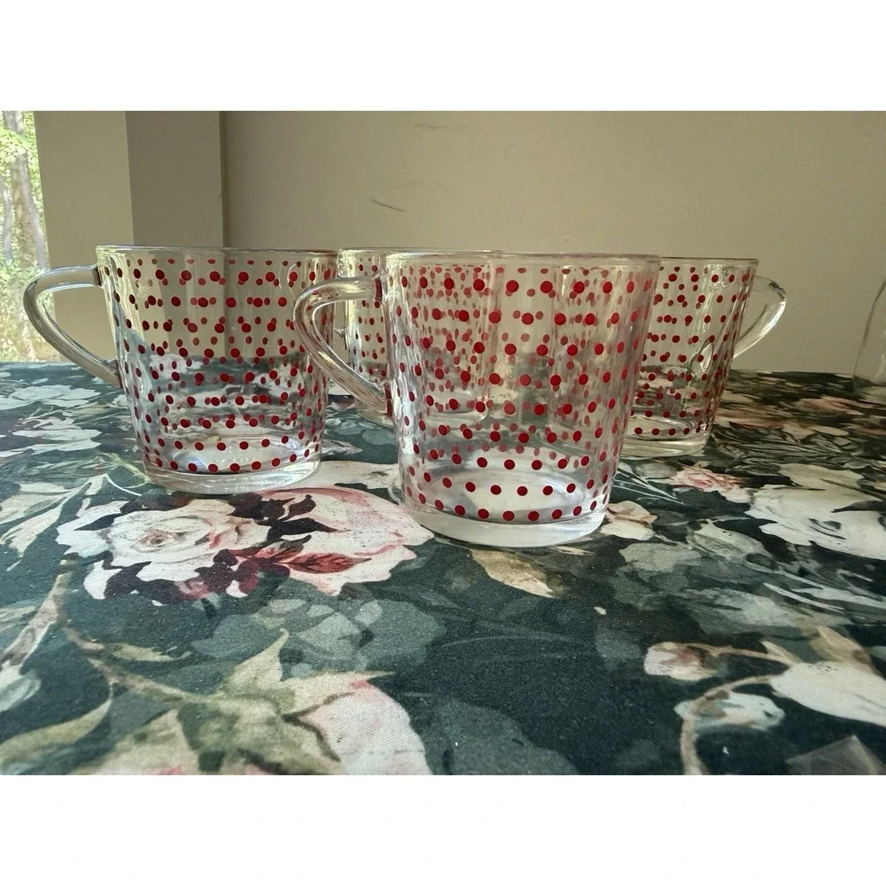 IKEA Red Polka Dot Glass Coffee Mugs 18314 Made in France Vintage Set of 4 NOS